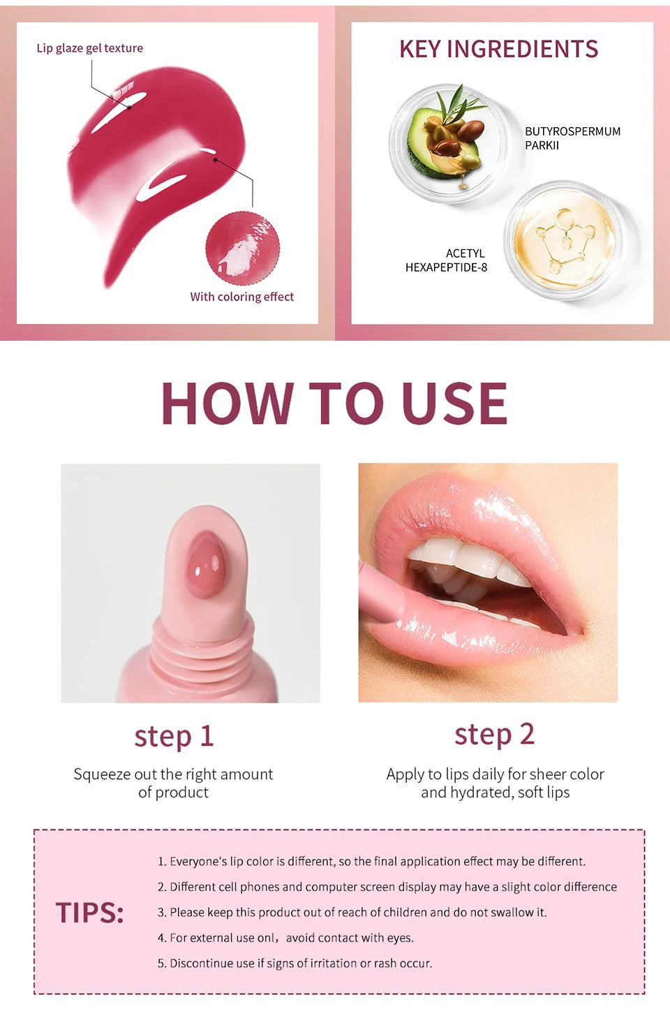 Hydrating plumping lip gloss with glass finish, sheer nude color, and gel texture for high-shine, moisturized lips.