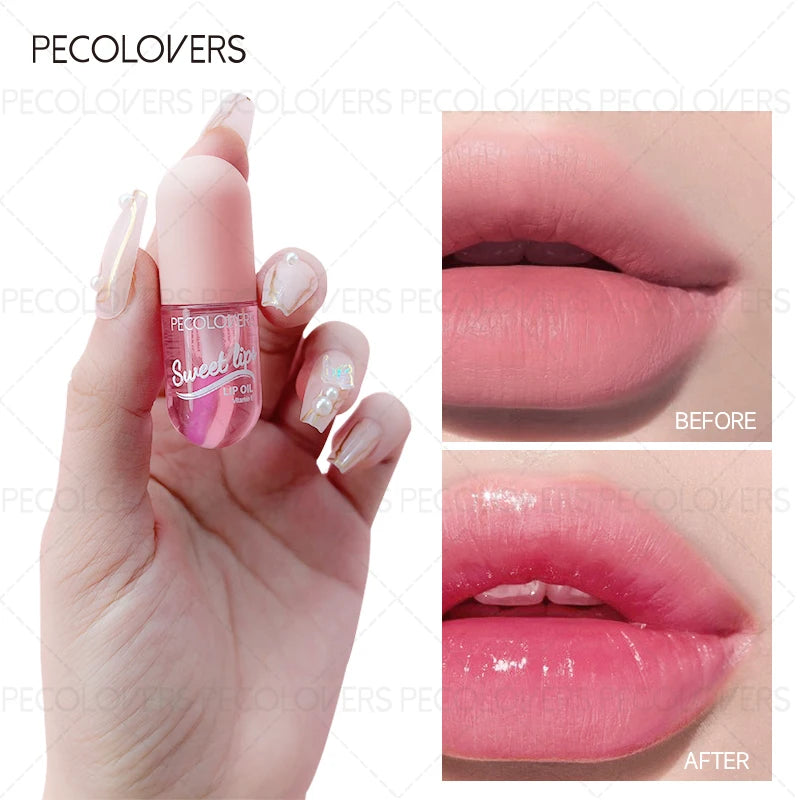 Pecolovers moisturizing color-changing lip oil for a plump, glossy, fruity finish. Before and after application.