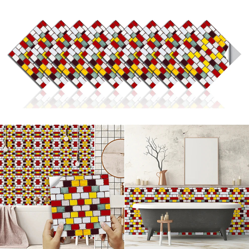 10pcs/set Flat Marble Mosaic Tiles Sticker Transfers Covers For Kitchen Bathroom Tables Peel & Stick Waterproof Art Wall Decals