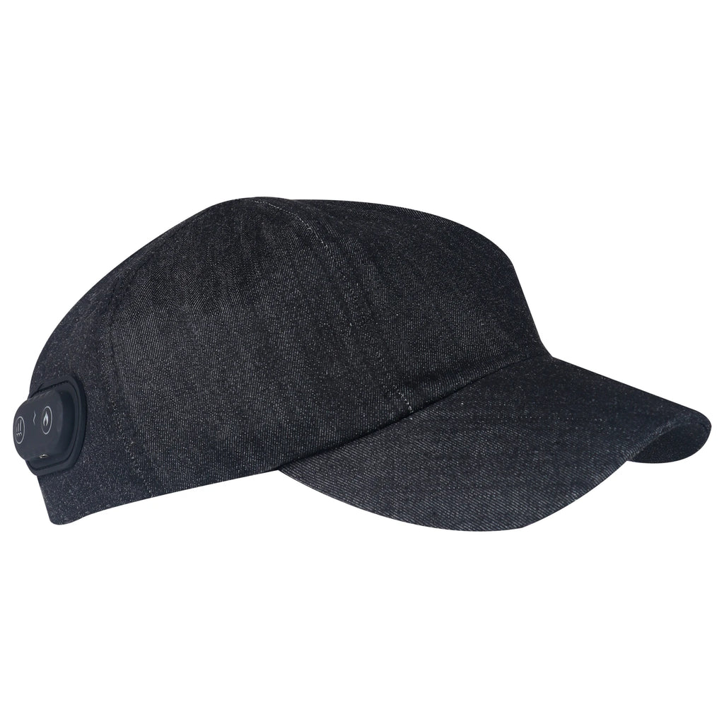 Black denim red light therapy hair growth cap with side control panel for scalp relaxation and hair loss treatment.
