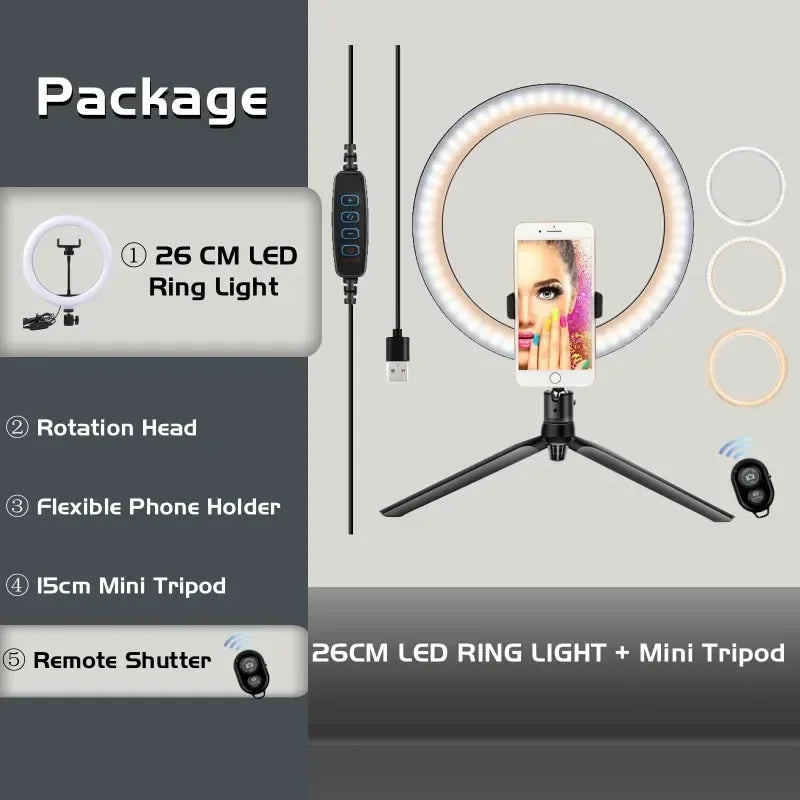 26cm LED ring light kit with mini tripod, phone holder, rotation head, and remote shutter for photography and video.