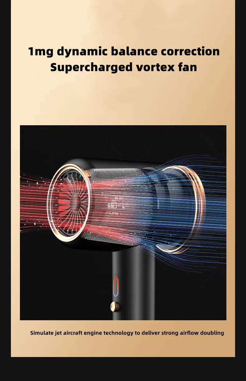 2400W high-speed black and rose gold hair dryer with vortex fan technology for powerful, salon-quality ionic hair care.
