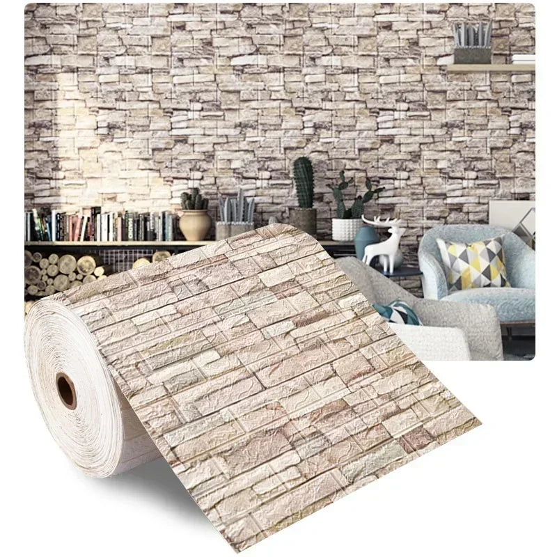 Beige 3D brick self-adhesive foam wallpaper roll with embossed rectangular brick blocks