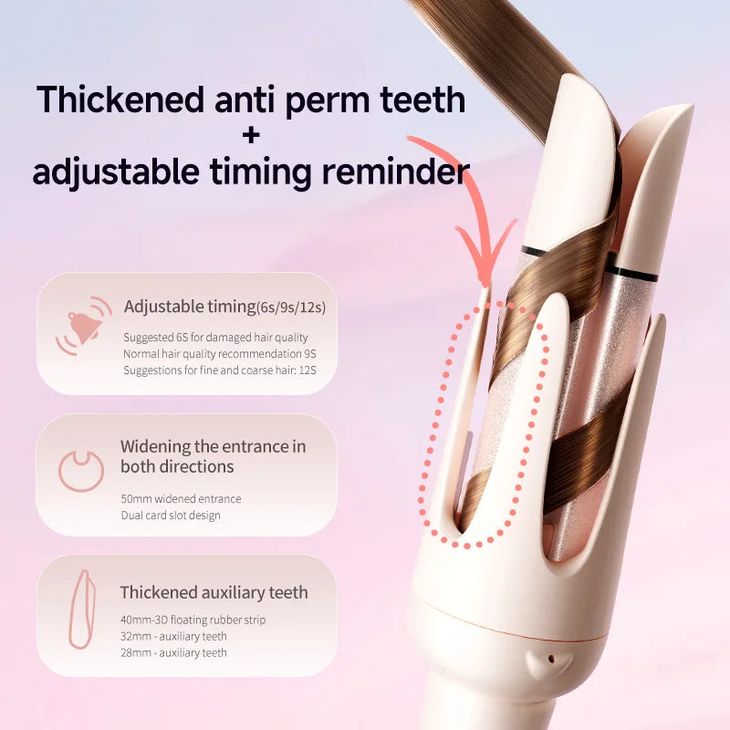 Beige automatic curling iron with anti-tangle teeth, timer, and ionic technology for safe, easy salon hair styling.
