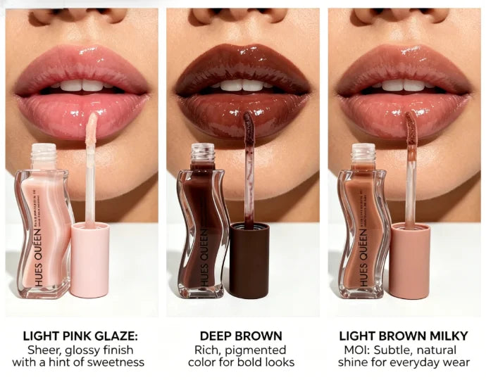 3-piece moisturizing lip gloss set featuring pink, deep brown, and nude tints for a hydrating, high-shine makeup finish.