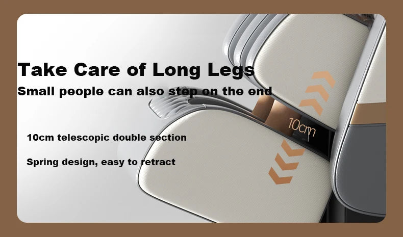 Gray massage chair leg support showing 10 cm telescopic double section