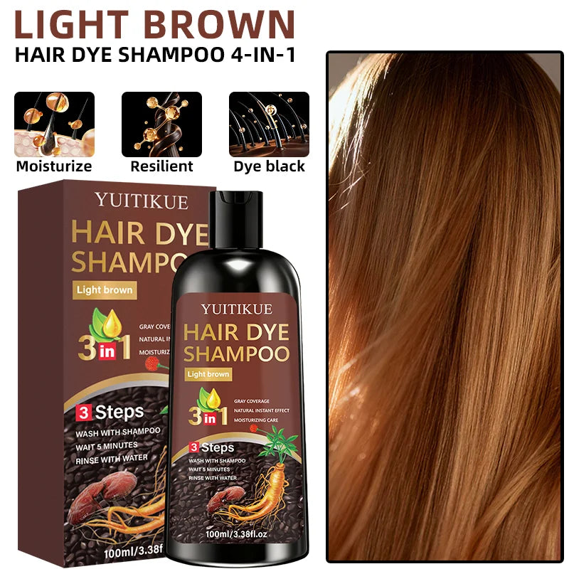 YUITIKUE Light Brown Hair Dye Shampoo 100ml - 3-in-1 Gray Coverage Natural Instant Hair Color Shampoo