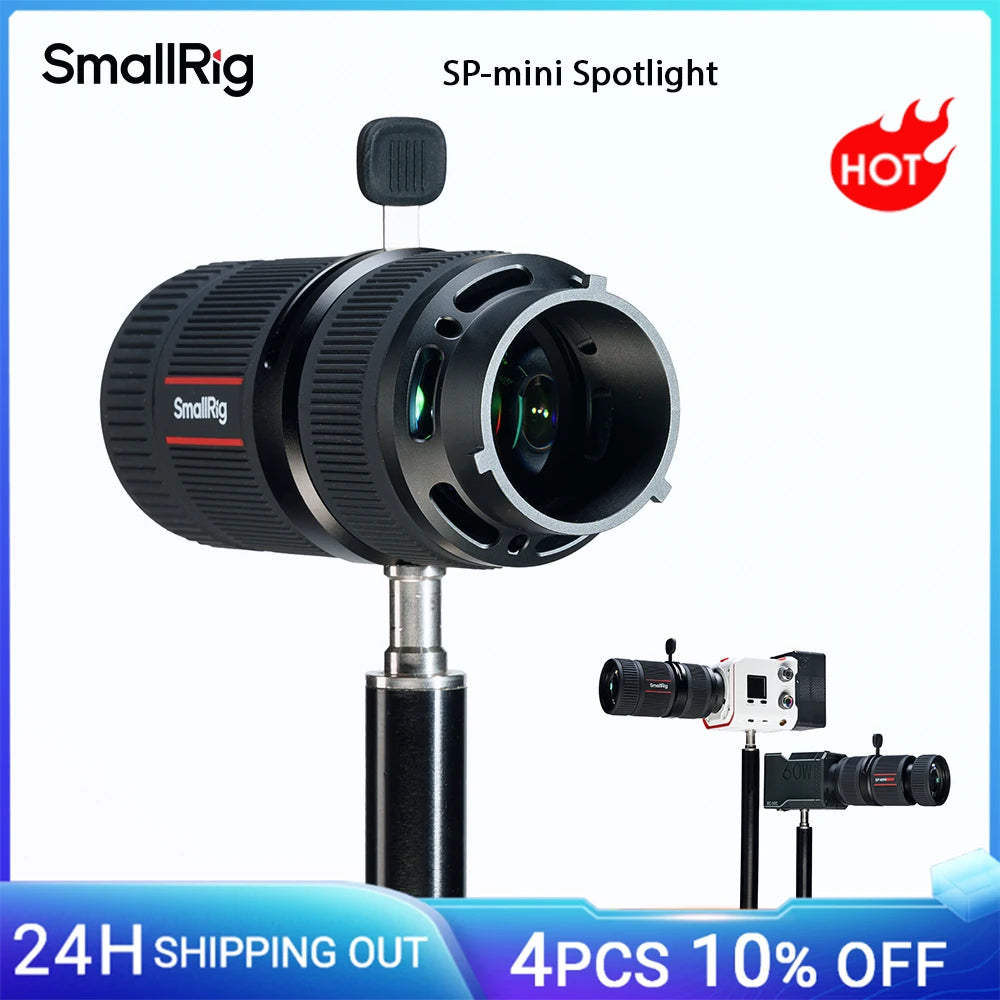 Black cylindrical SP-mini spotlight optical accessory with a glass lens, mounted on a stand for video lighting control.