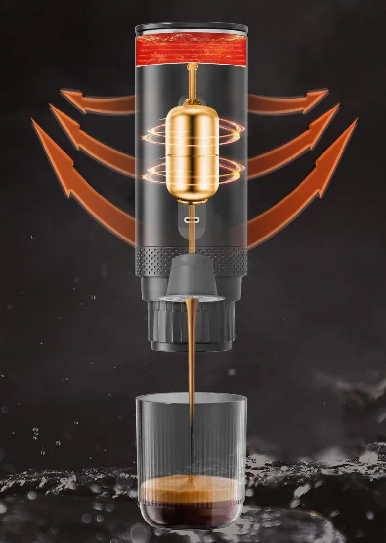 Black portable espresso maker with gold pump mechanism pouring fresh coffee into a glass on a dark background.