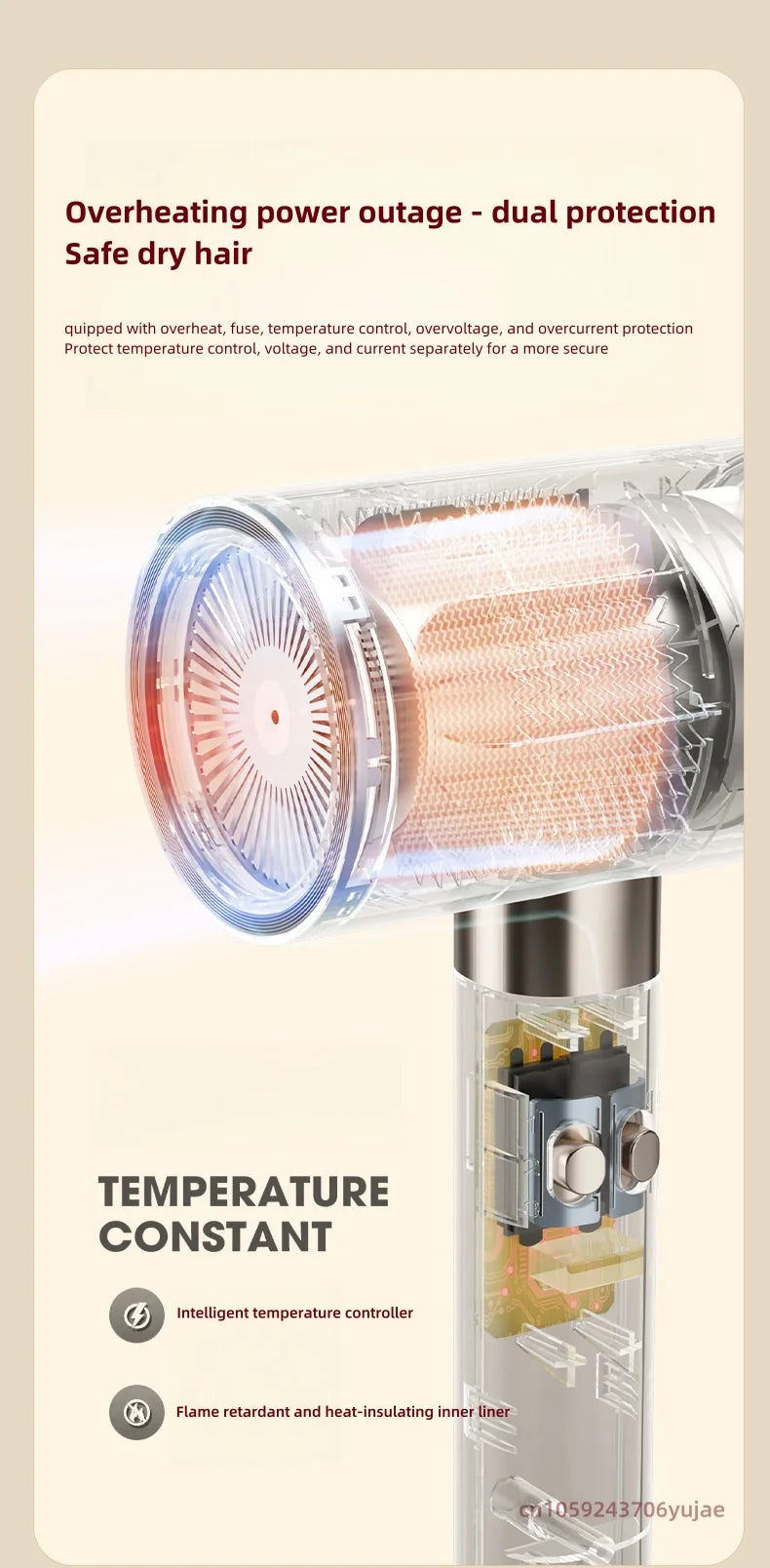 Transparent 2200W hair dryer with safety thermal protection, constant temperature control, and modern sleek design.
