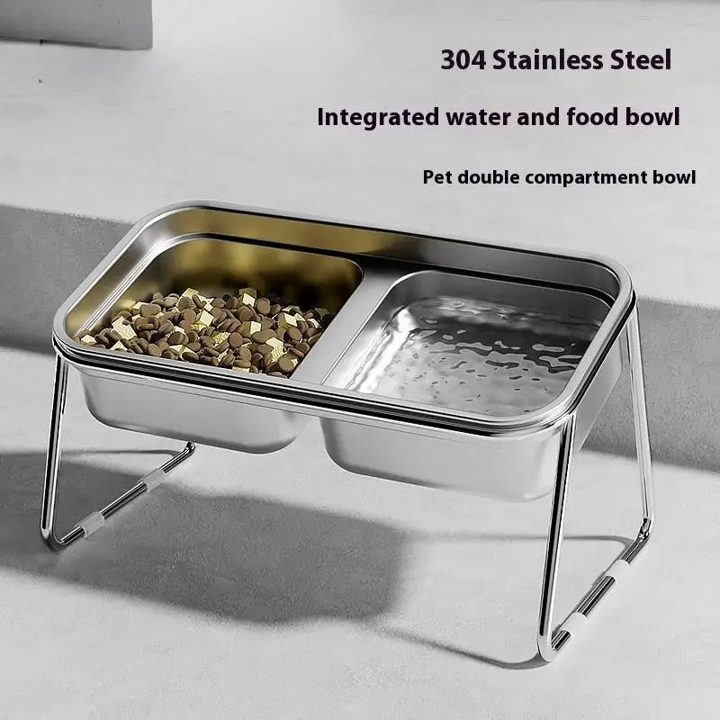 Slanted 304 stainless steel double pet bowl for cats and dogs to prevent neck strain and improve feeding posture.