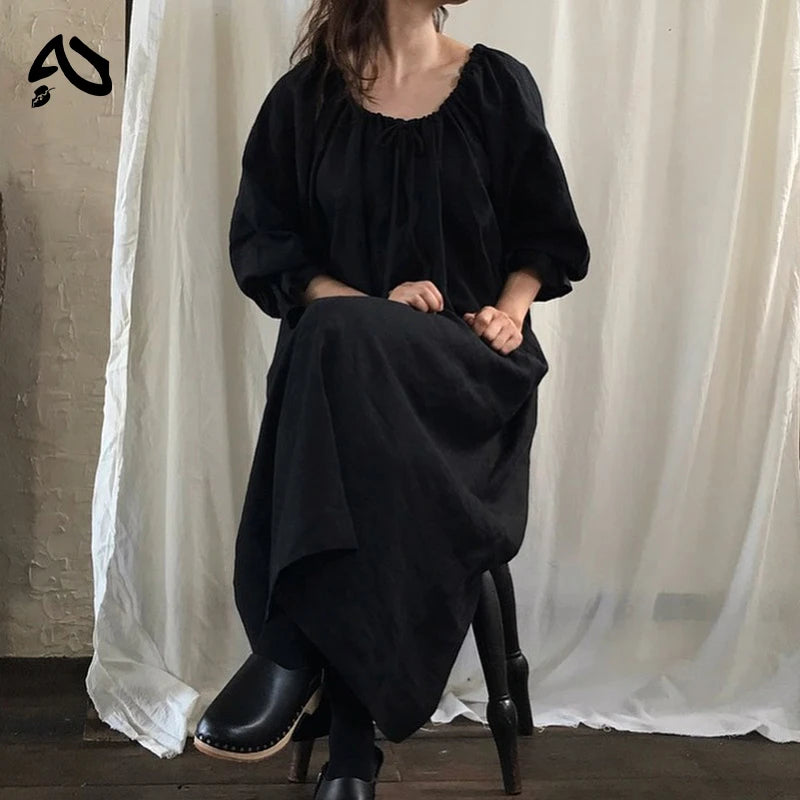 Original New Spring Vintage Cotton Linen Dress for Women Solid Long Sleeve Drawstring Linen One-Piece Dress Maxi Dress