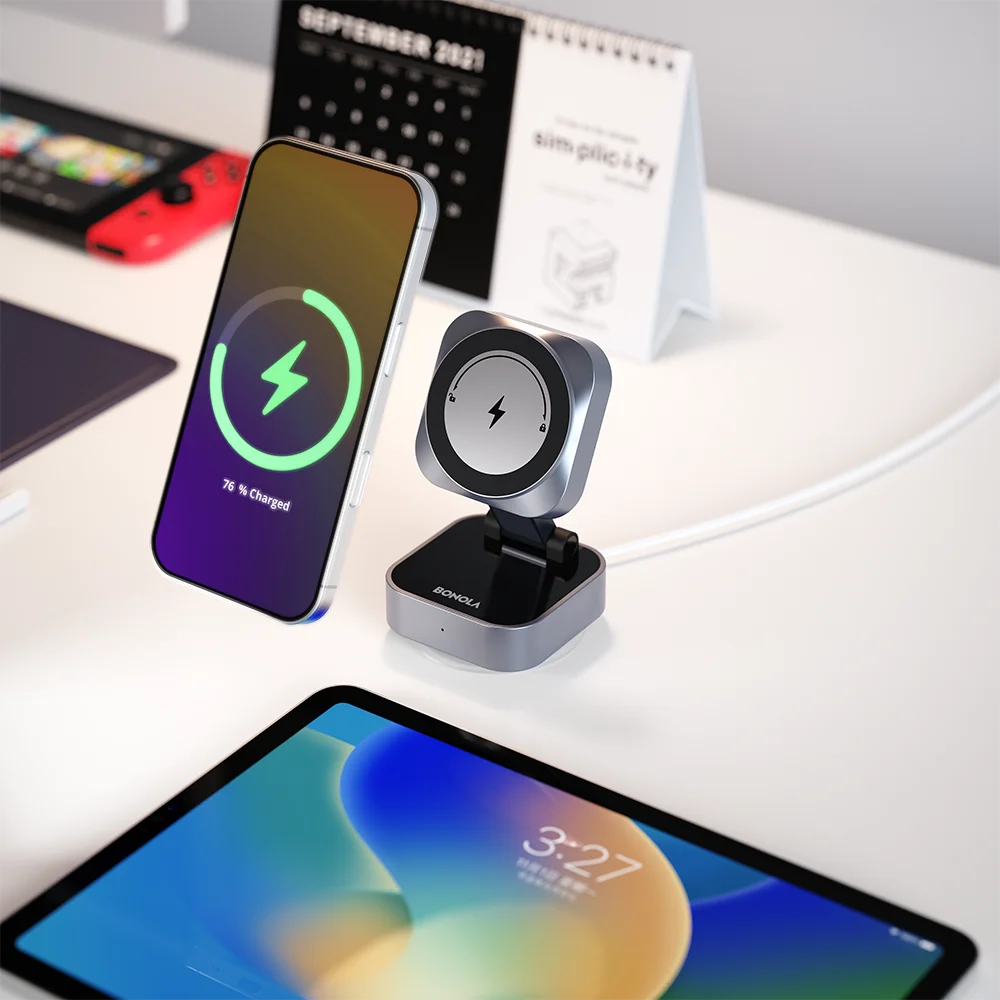 Bonola Suction Cup Car Wireless Charger Foldable for iPhone 17/16/15/Android 15w Magnetic Wireless Charging Vacuum Suction Stand