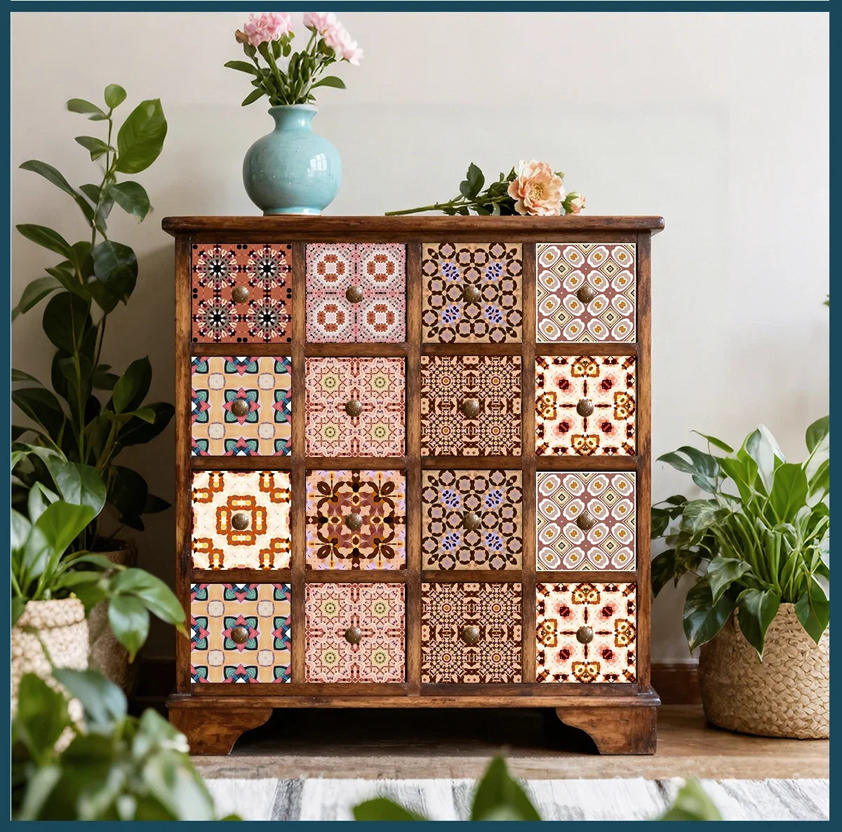 Neutral Boho Floral Tile Stickers Self Adhesive Glossy PVC Waterproof Decals Kitchen Bath Cabinet Backsplash Wall Home Deco
