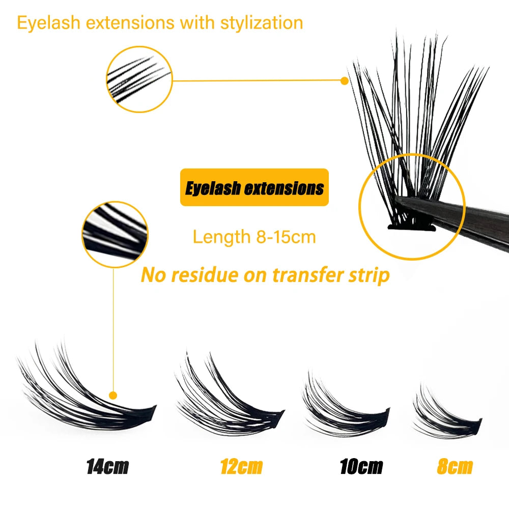 Black individual mink eyelash clusters shown in varying lengths from 8mm to 14mm with detailed zoom-in views.