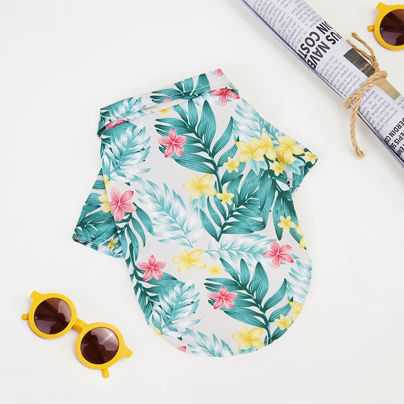 Breathable, comfortable Hawaiian floral dog shirt for summer, available in sizes XS-5XL for small to large pets.