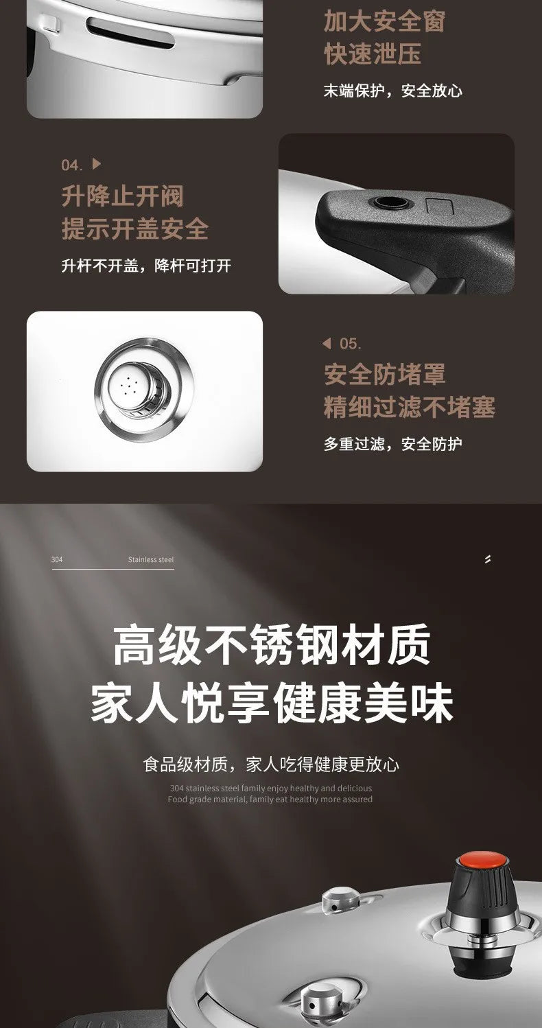 Stainless steel pressure cooker lid and safety valve details, vent and knob visible
