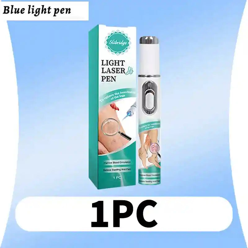 Blue light therapy pen in white with a metallic button, used to improve leg circulation and relieve swelling and pain.