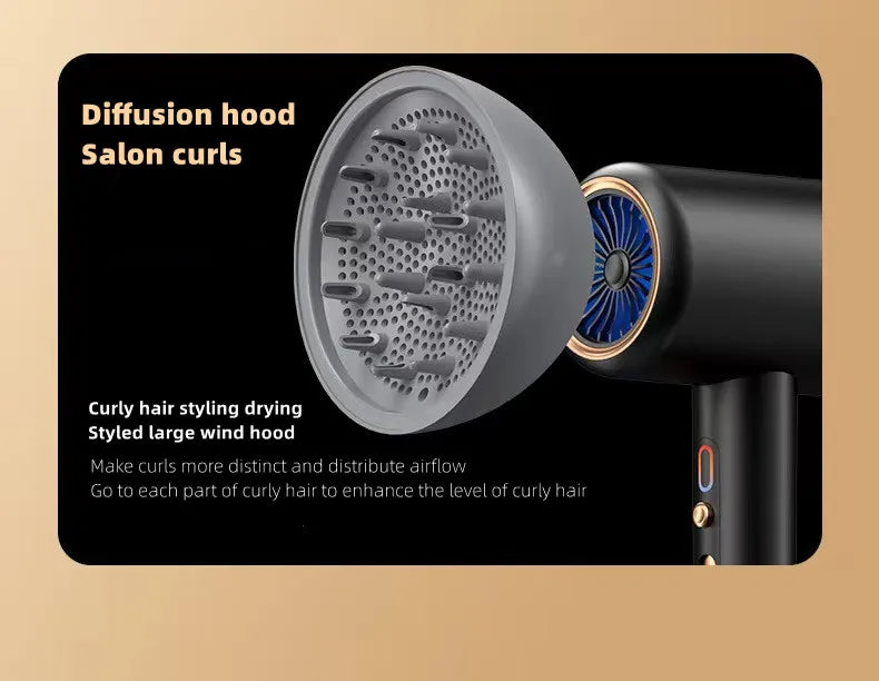 Black 2400W high-speed hair dryer with blue light, negative ion tech, and a large diffusion hood for curly hair.