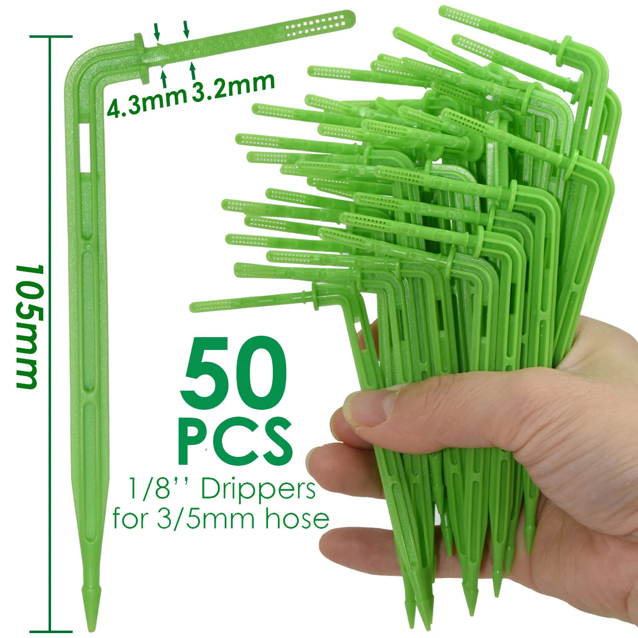 Green drip dripper stake pack, 50 pcs for 3/5mm hose, with size guide