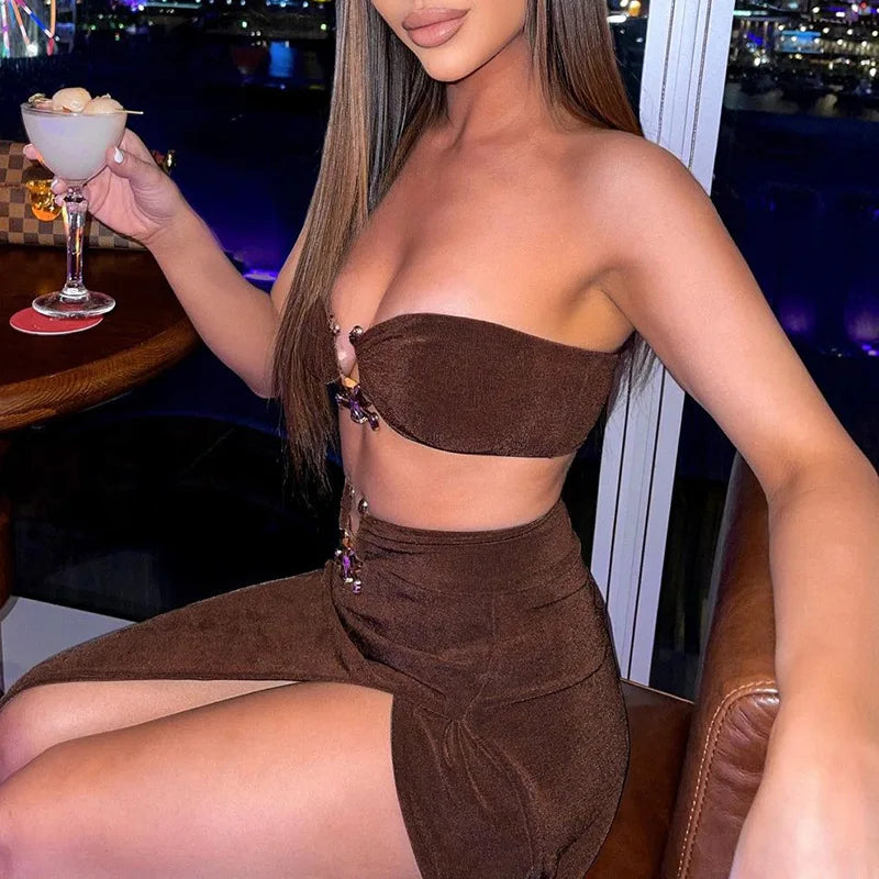 Velvet Sexy Strapless Crop Tube Top High Waist Slit Maxi Dress 2 Pcs Suits 2024 Fall Women Fashion Streetwear Vestido