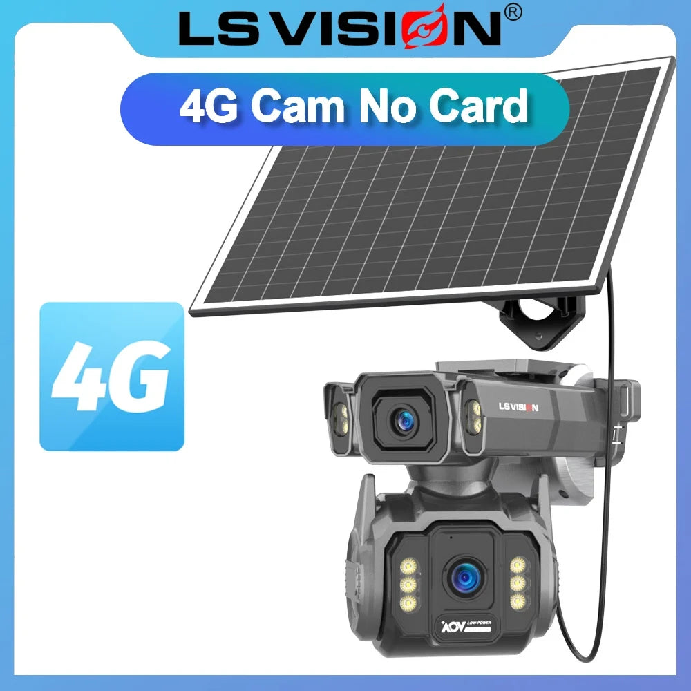 Solar 4G PTZ CCTV IP camera with dual-lens head and rotating 360° housing