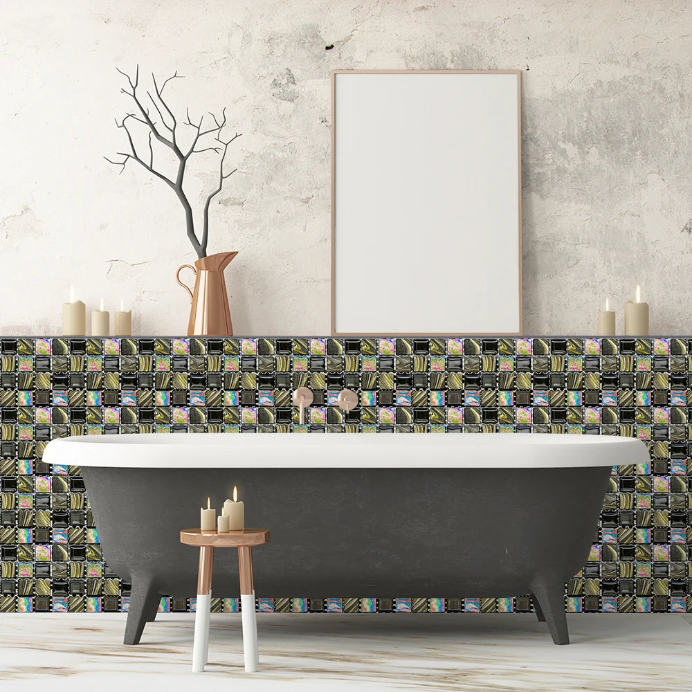 10pcs Flat Mosaic Style Tiles Sticker Kitchen Bathroom Waterproof & Oilproof Art Wall Sticker Peel & Stick Surface Glossy Film