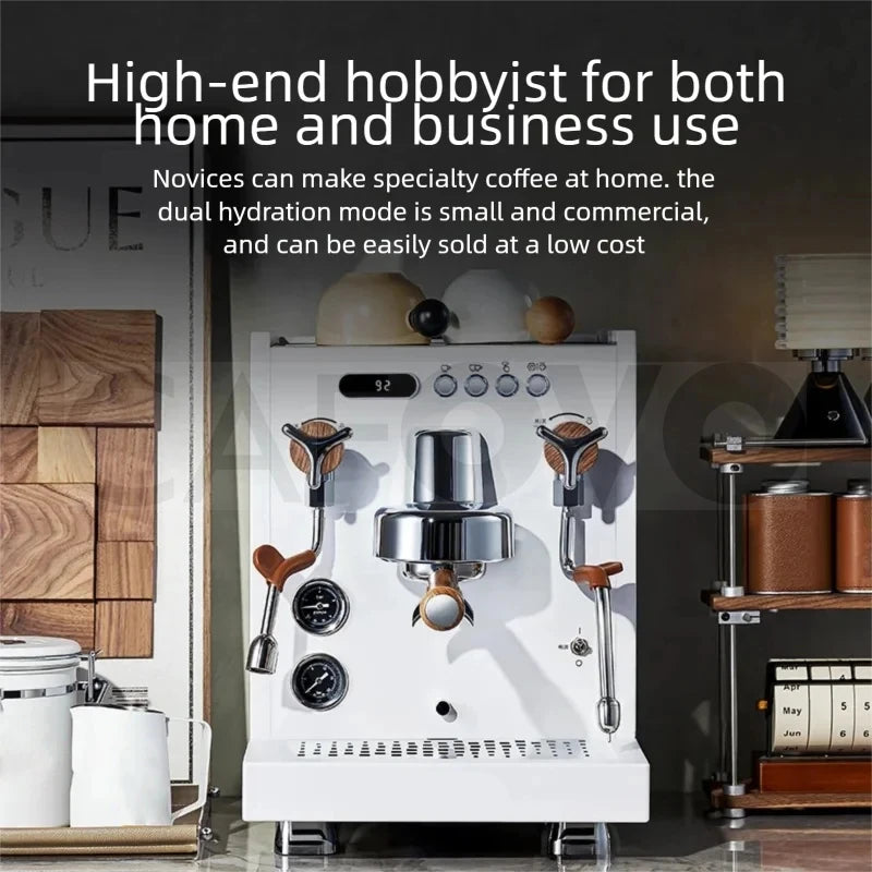 White professional dual-boiler espresso machine with wood-accented chrome levers and dual pressure gauges.