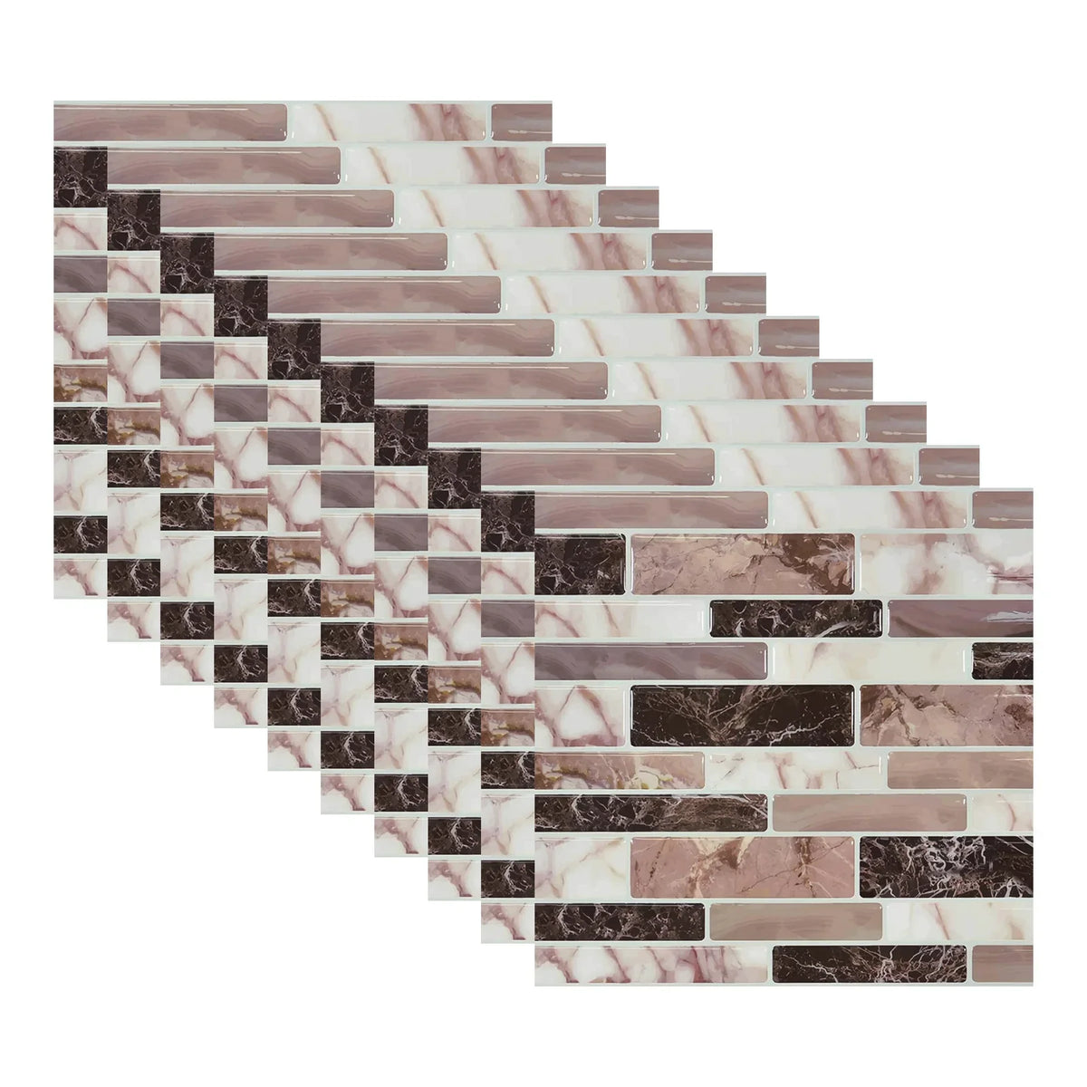 3D mosaic brick tile wall sticker sheet with cream, pink marble, and dark accents