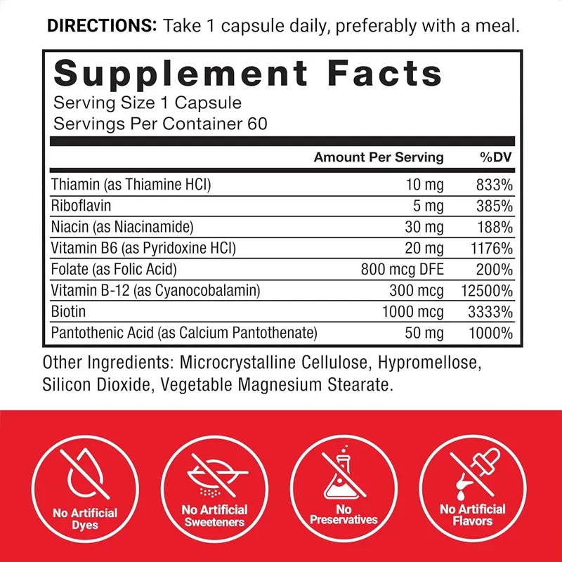 Vitamin B Complex Supports , Containing Vitamins B1, B2, B3, B12, Etc., Vegetarian, Non Gmo, 60 Capsules Of Vegetables