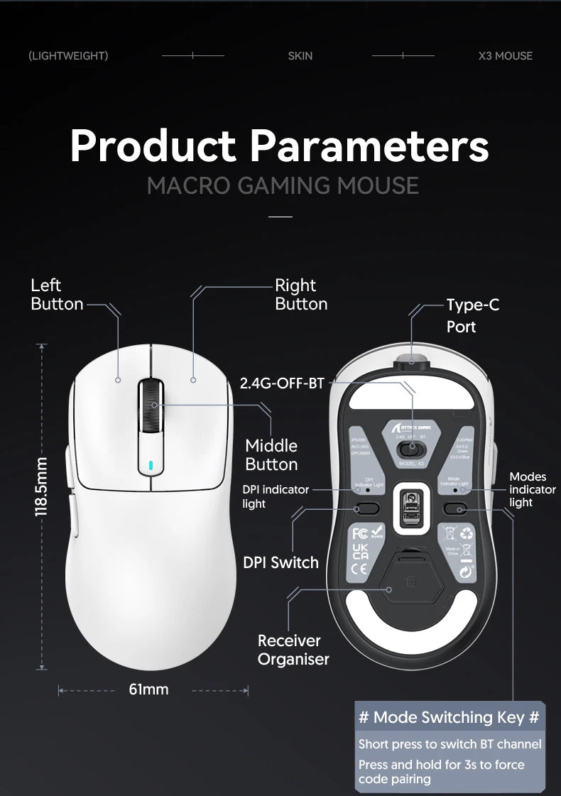 Attack Shark X3 X3Pro Wireless Tri-Mode Gaming Mouse 26K DPI PAW3395 Computer Gaming Peripherals CSGO Valorant Office Gift