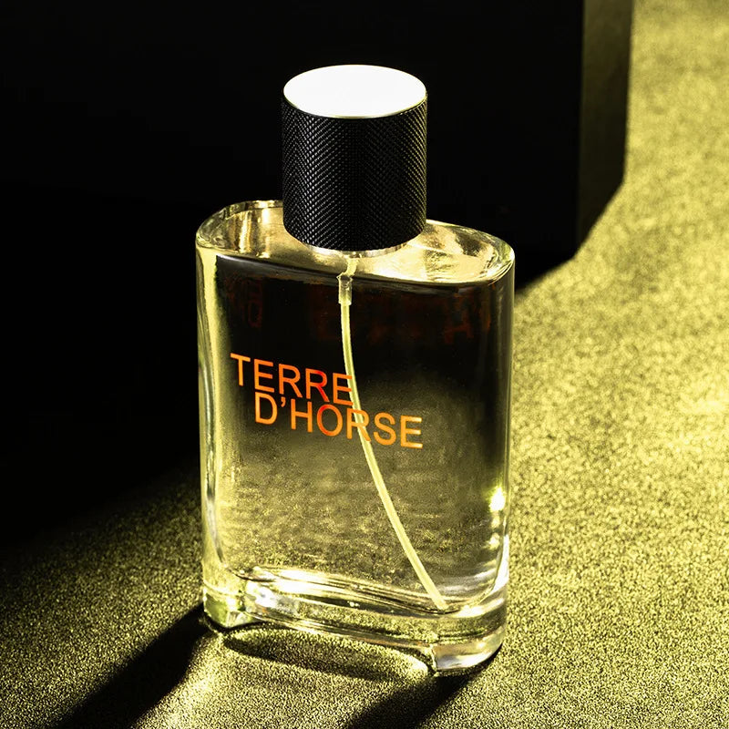 JEAN MISS Terre D’Horse: Men’s woody, spicy, earthy EDP cologne in a sleek rectangular glass bottle with black cap.