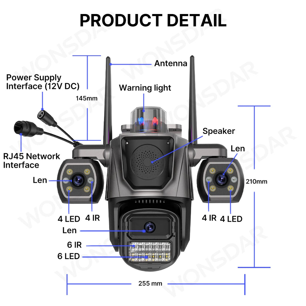 WONSDAR WiFi IP Camera Outdoor Three Lens Triple Screen Home Security CCTV Surveillance Cameras AI Human Detection Audio ICSEE