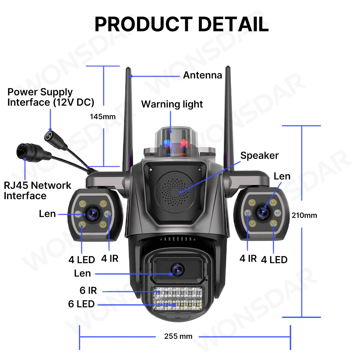 WONSDAR WiFi IP Camera Outdoor Three Lens Triple Screen Home Security CCTV Surveillance Cameras AI Human Detection Audio ICSEE