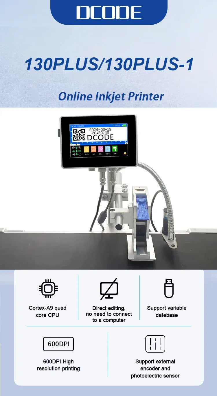 Online inkjet printer with touchscreen controller and connected print head on stand