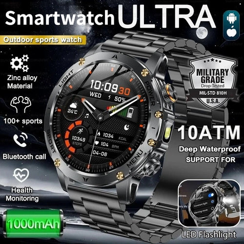 Military-style smartwatch with black metal link band and round orange-accent dial