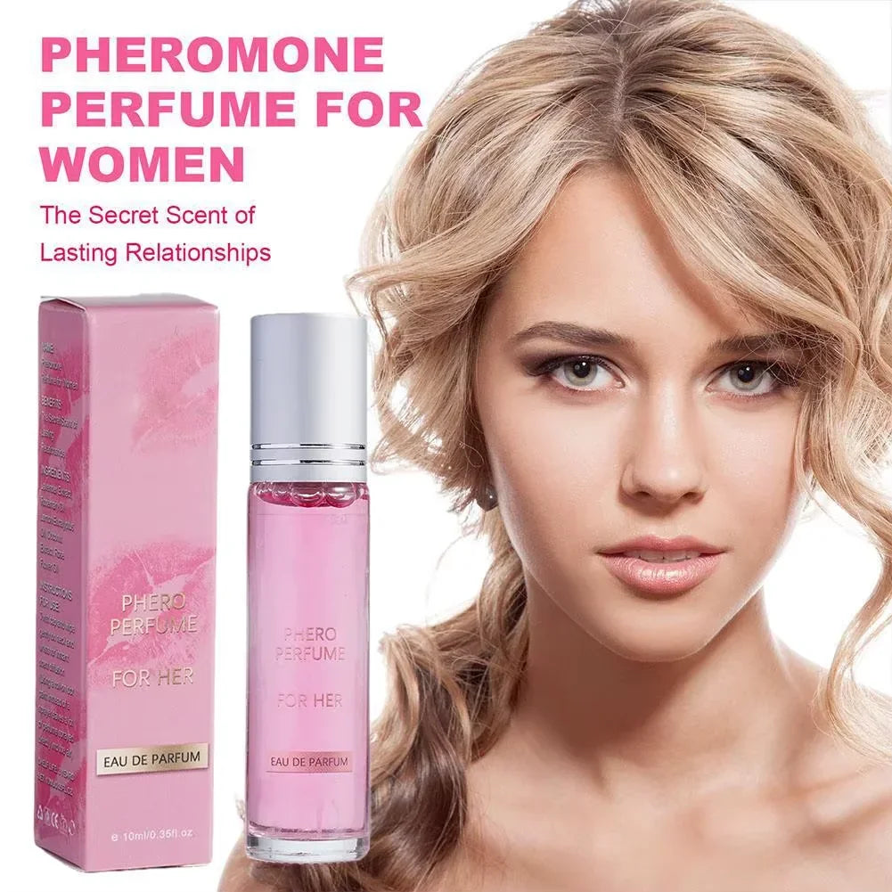 Flirting Pheromone Eau de Parfum for women: long-lasting pink roll-on scent oil in a sleek glass bottle.