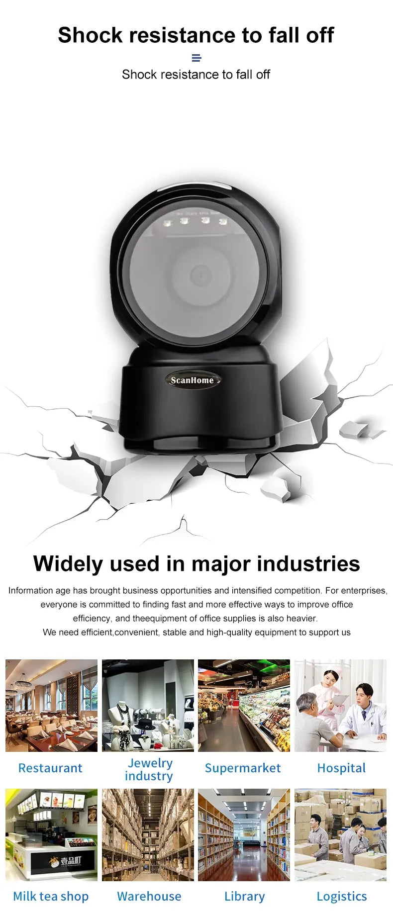 Black rugged 2D barcode scanner with circular scanning head, impact lines behind it
