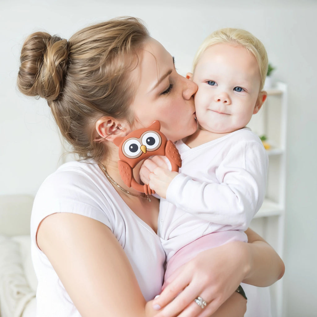 Baby Silicone Teether Toys,Perfect for Teething Toys 0-3-6 Months and Shower Gifts, BPA-Free, Ergonomic Dinosaur Wood Design.