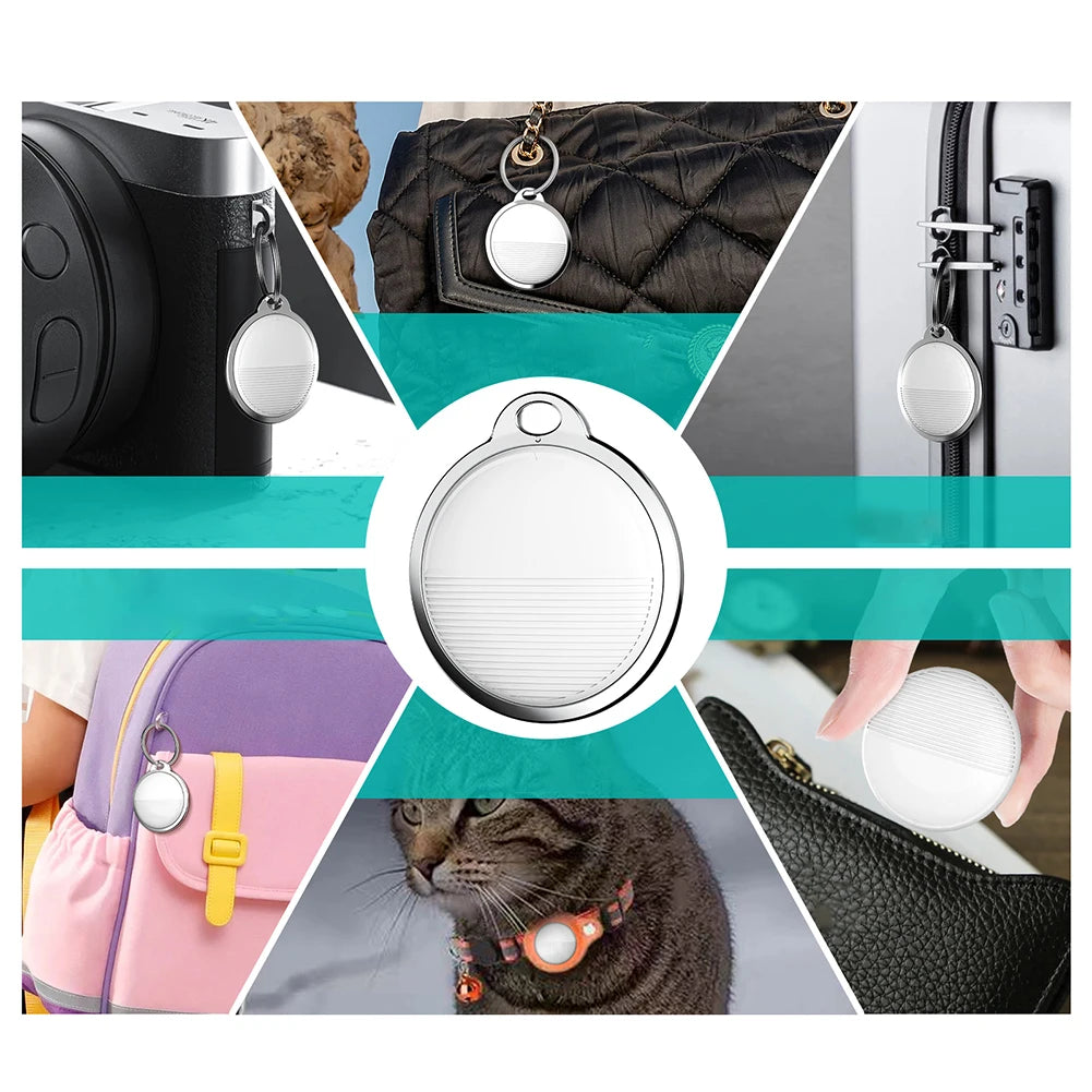 Mini white Bluetooth GPS pet tracker compatible with Apple Find My for secure location monitoring of cats and gear.
