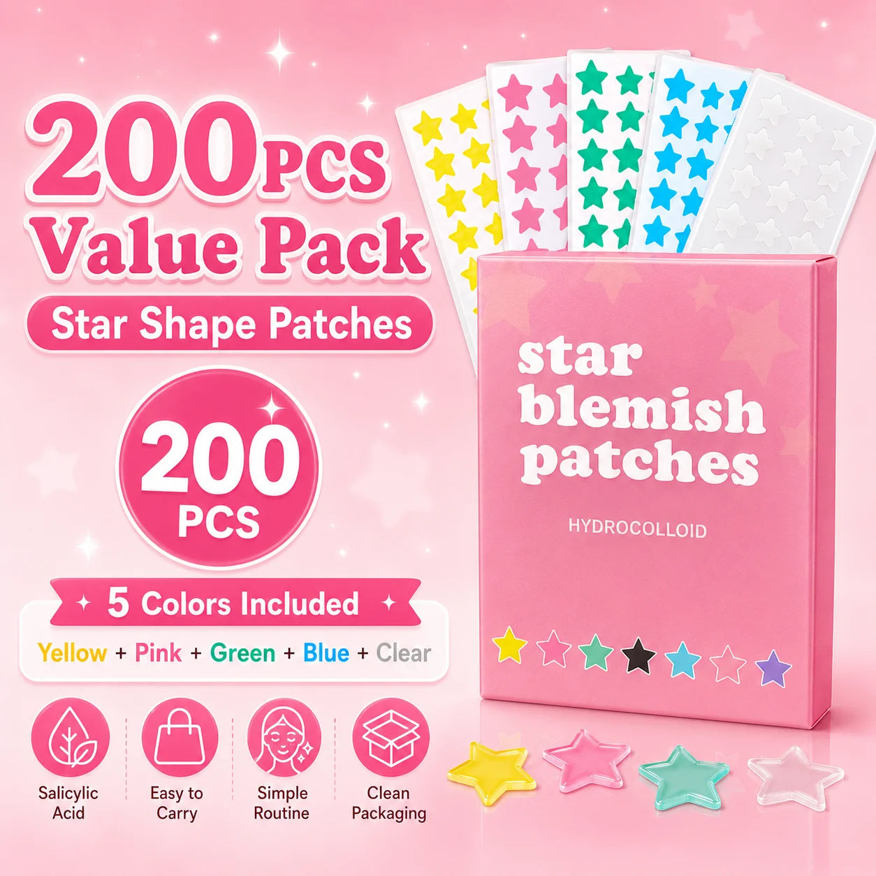 200PCS Five-Point Star Acne Patch Set Multi Color Pimple Cover Stickers for Day Night Face Body Use