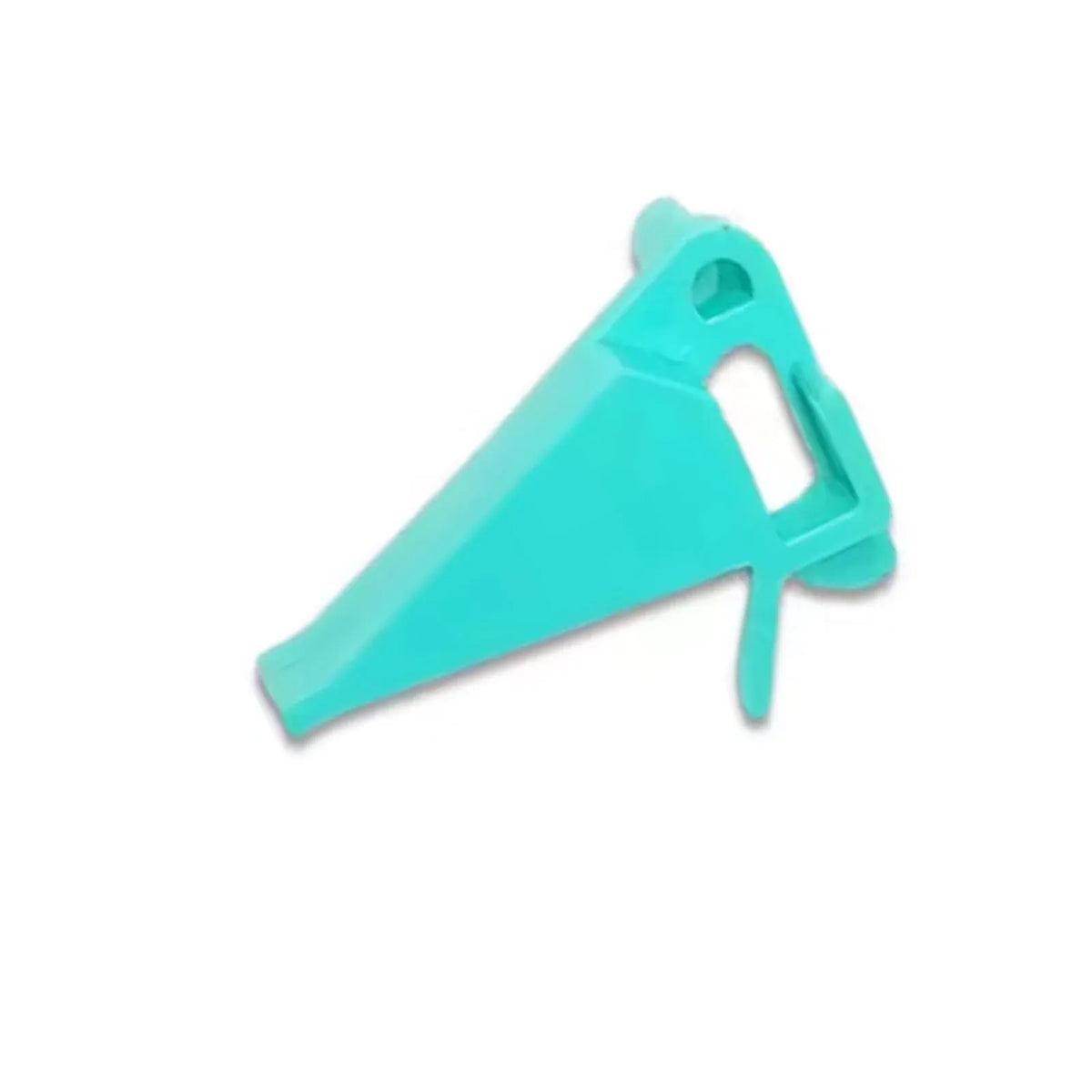 Turquoise plastic barcode printer buckle bracket with side handle and mounting hole