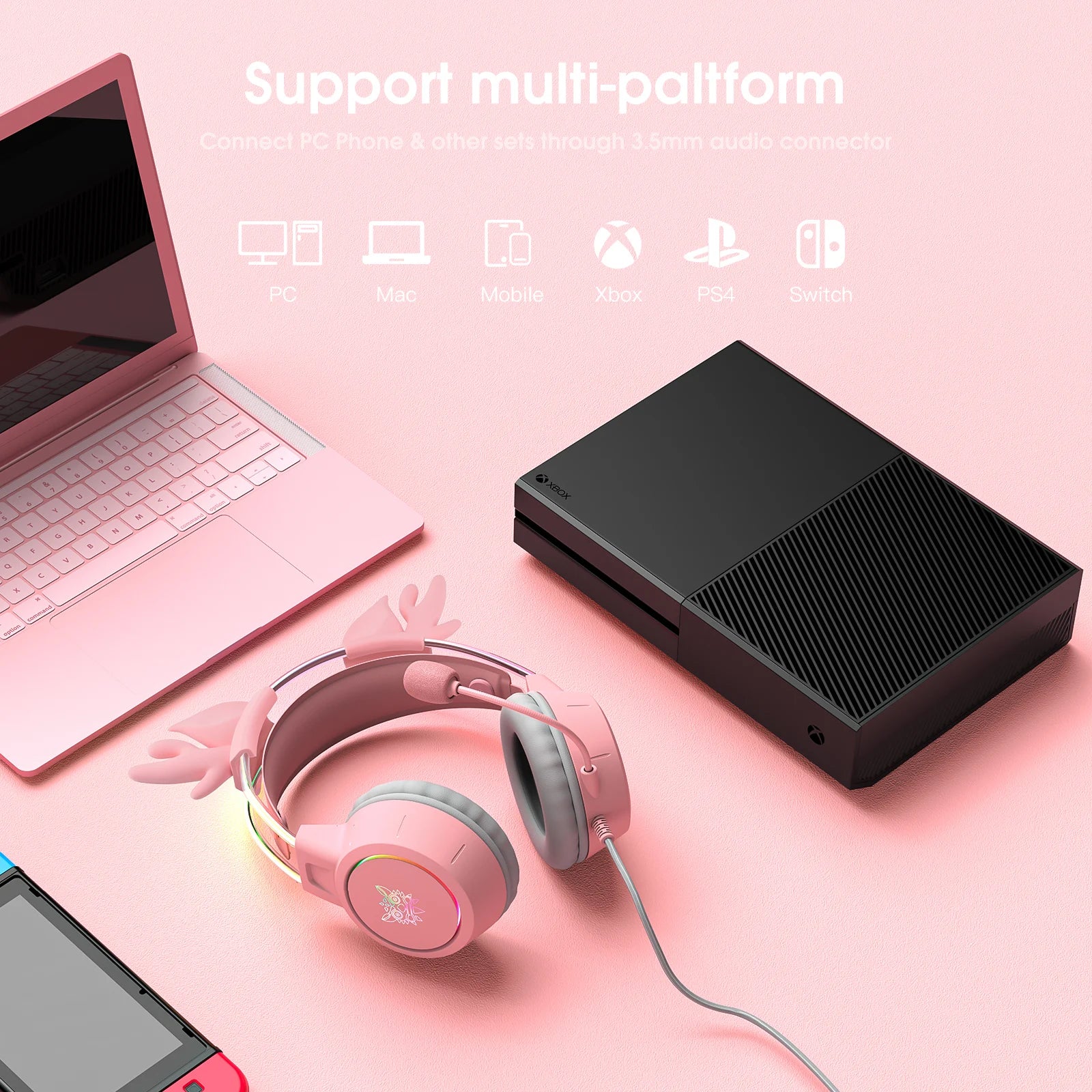 Pink Gaming Headphones with Cat Ears, RGB Mic, and Low Latency Audio Tidesmit