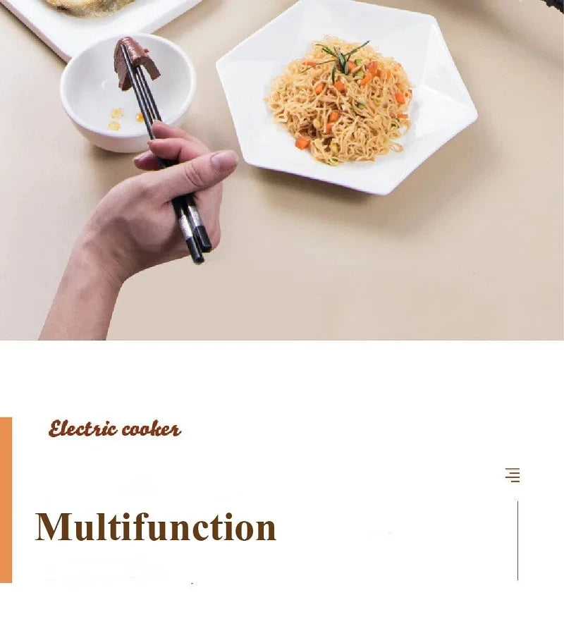 Electric cooking pot with ladle, serving dishes of noodles and meat beside the pot