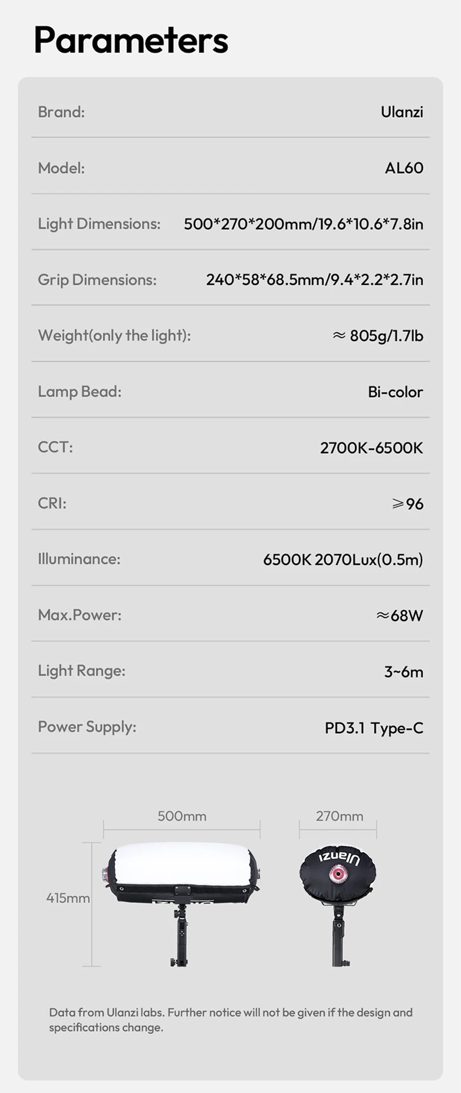 AL60 softbox light technical specifications, listing dimensions, weight, CCT range, and power for video lighting.