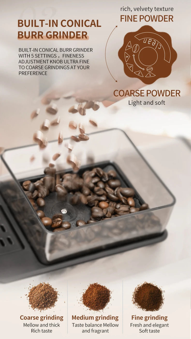 Black coffee maker bean hopper with built-in conical burr grinder and 5 adjustable grind settings.