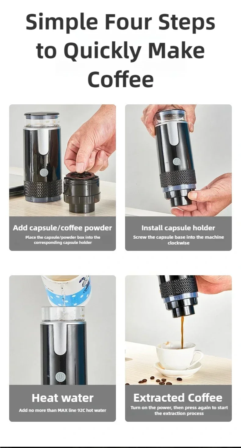 Four-step guide for portable black capsule and coffee powder espresso maker with power button and water reservoir.