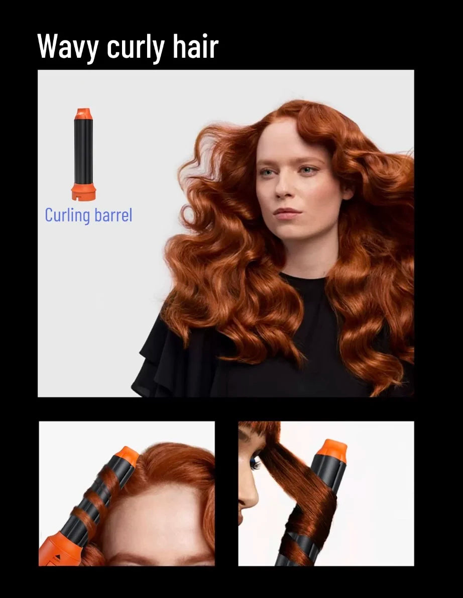6-in-1 hair styler with orange and black curling barrel attachment creating smooth, wavy curls on red hair.