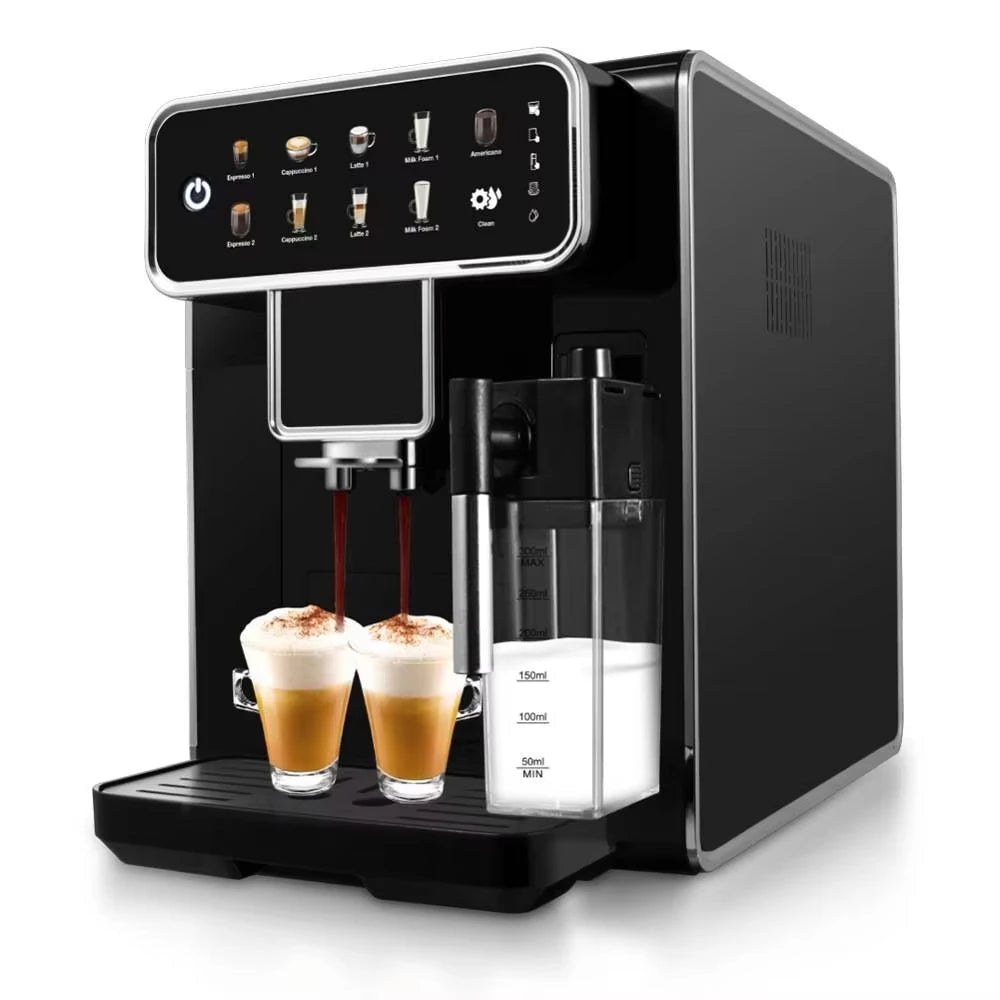 Black automatic espresso machine with touch screen and integrated 300ml milk frother, making two lattes.