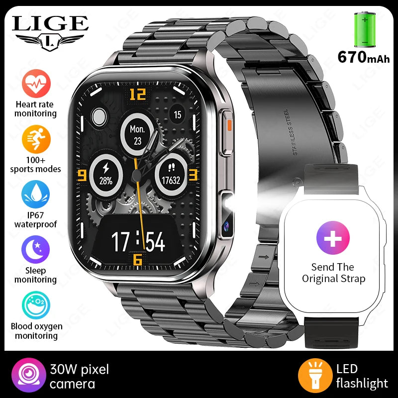 Smartwatch with dark metal link bracelet and black dial, plus extra orange strap